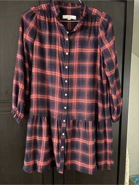 LOFT Navy and Coral Plaid Button-Up Blouse